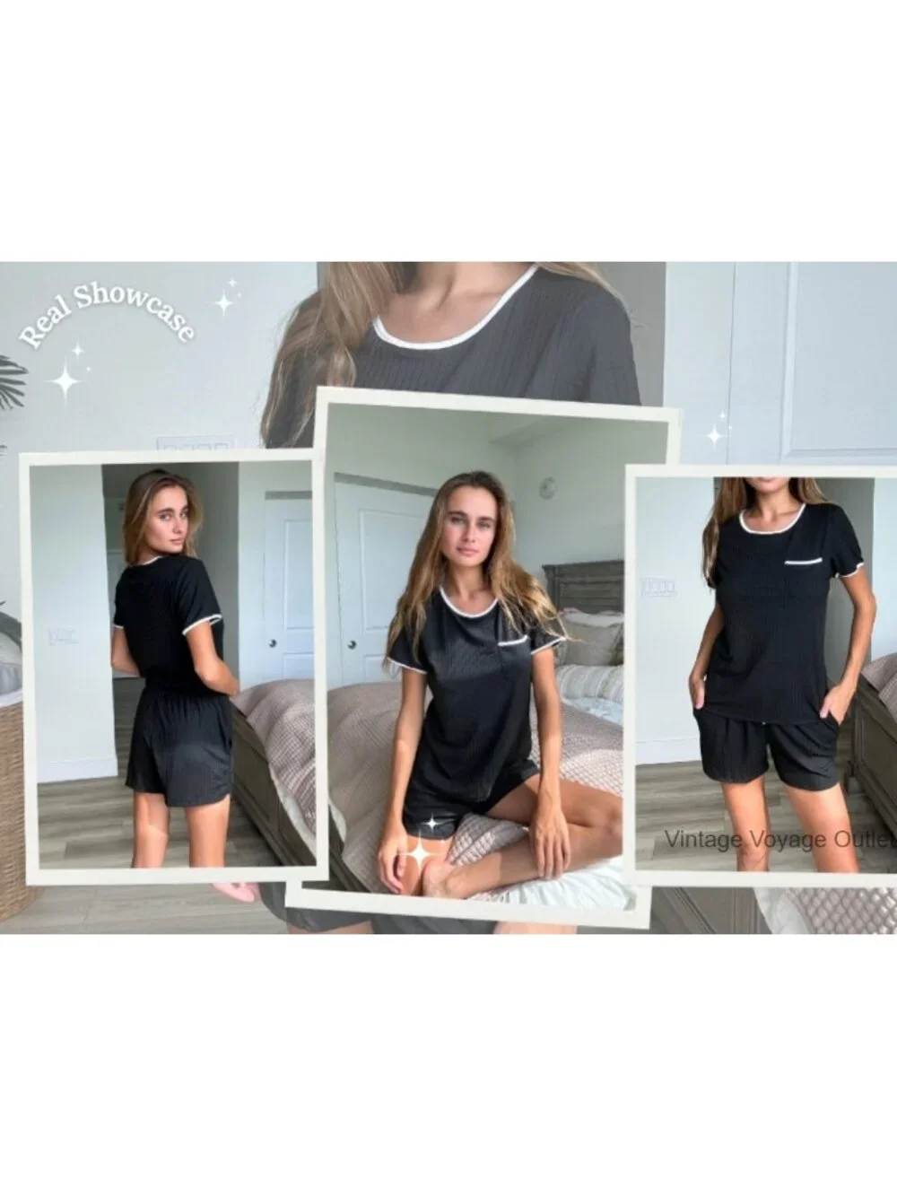 Ribbed Knit Pajama Set Short Sleeve Top & Drawstring Shorts Lounge